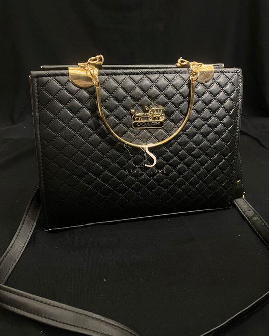 Stylish black Handbag with golden tone