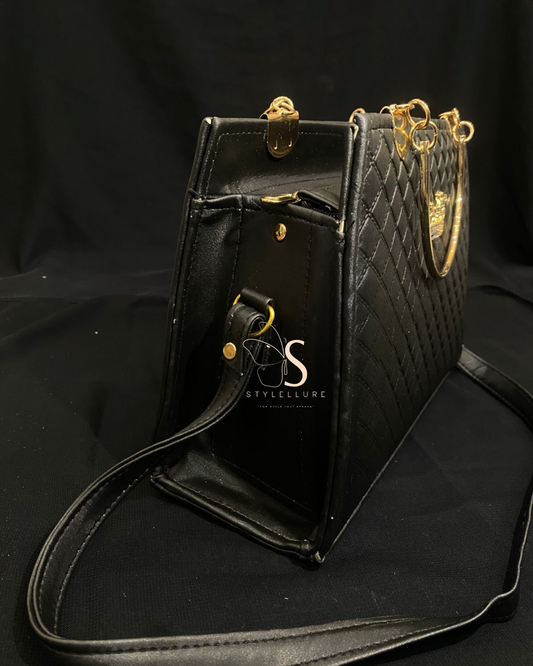 Stylish black Handbag with golden tone